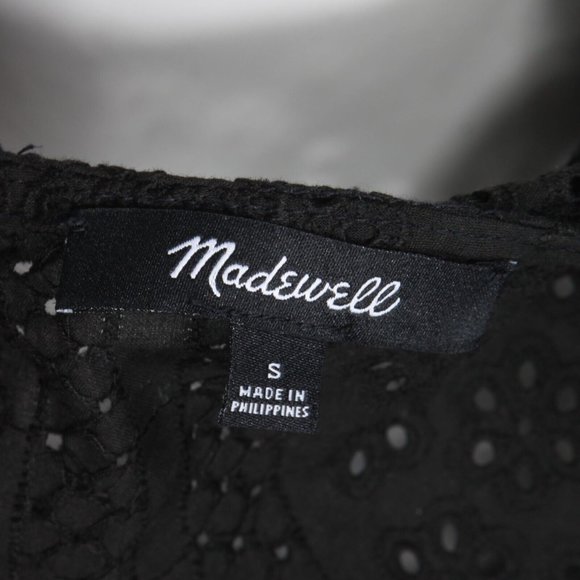 MADEWELL Eyelet Flutter Sleeve Button Back Tiered Black Cotton Top sz Small /328 - Picture 5 of 5